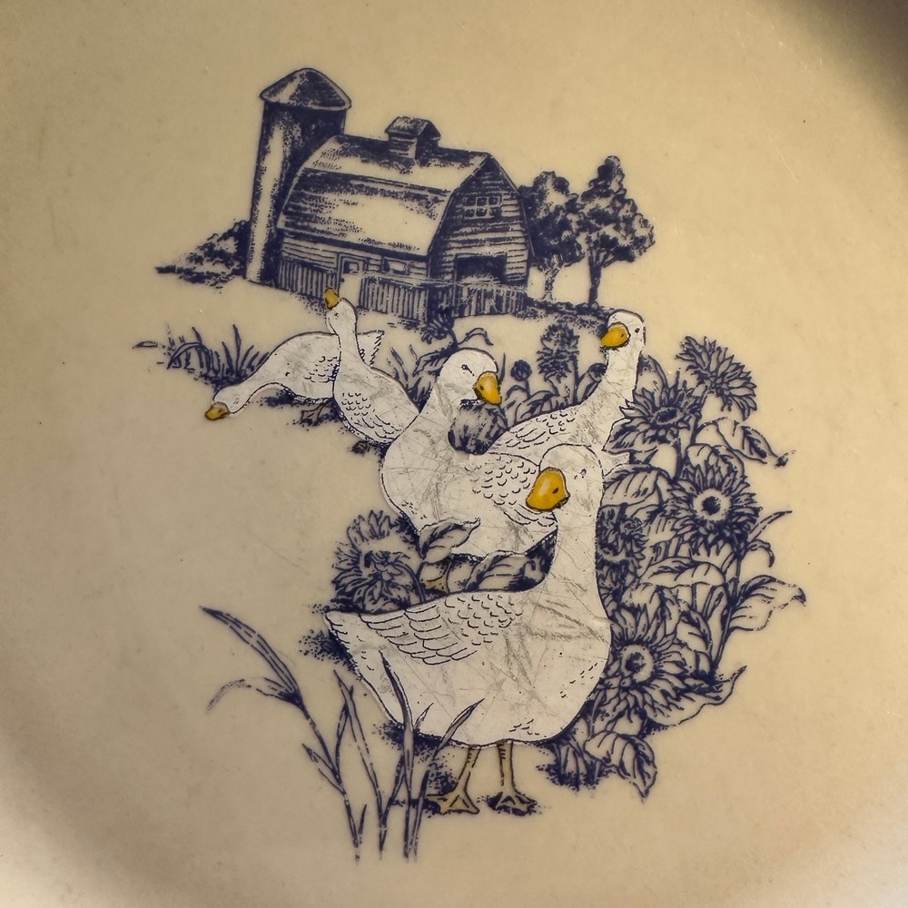 Vintage Country Goose Barn Stoneware Plates Set of 4 Blue White 7" Farmhouse